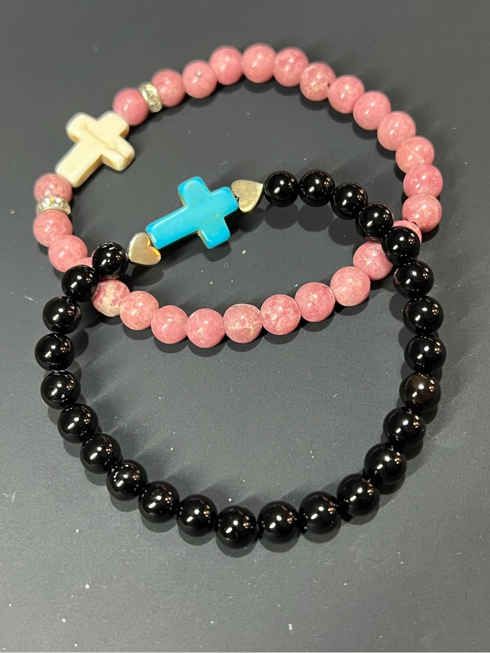 Set of 2 Beaded Stretch Bracelet Black Obsidian & Pink Rhodonite Cross (FL1079)